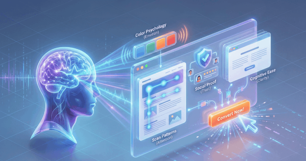 Designpsychologie im Web: So beeinflusst gutes Design Nutzerverhalten 2 Isometrische 3D-Illustration, Die Den Zusammenhang Zwischen Designpsychologie Und Nutzerverhalten Visualisiert. Ein Stilisiertes Menschliches Gehirn Projiziert Auf Eine Website-Oberfläche, Die Verschiedene Psychologische Trigger Wie Farbpsychologie, Scan-Muster (F-Pattern Heatmap), Social Proof Und Kognitive Entlastung Zeigt. Alle Elemente Führen Zu Einem Klickbaren Call-To-Action-Button &Quot;Convert Now!&Quot;.