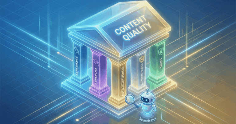 Isometrische 3D-Illustration, die das E-E-A-T-Modell visualisiert. Vier Säulen tragen ein Dach, das "Qualitäts-Content" repräsentiert. Jede Säule ist beschriftet: "Experience" (Symbol: Hand/Praxis), "Expertise" (Symbol: Diplom/Buch), "Authoritativeness" (Symbol: Krone/Medaille) und "Trust" (Symbol: Schloss/Schild). Ein Google-Bot scannt das Fundament, was die Bedeutung für das Ranking unterstreicht.
