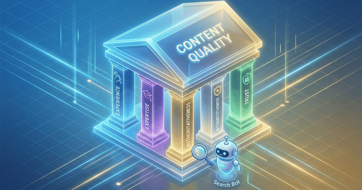 Isometrische 3D-Illustration, die das E-E-A-T-Modell visualisiert. Vier Säulen tragen ein Dach, das "Qualitäts-Content" repräsentiert. Jede Säule ist beschriftet: "Experience" (Symbol: Hand/Praxis), "Expertise" (Symbol: Diplom/Buch), "Authoritativeness" (Symbol: Krone/Medaille) und "Trust" (Symbol: Schloss/Schild). Ein Google-Bot scannt das Fundament, was die Bedeutung für das Ranking unterstreicht.