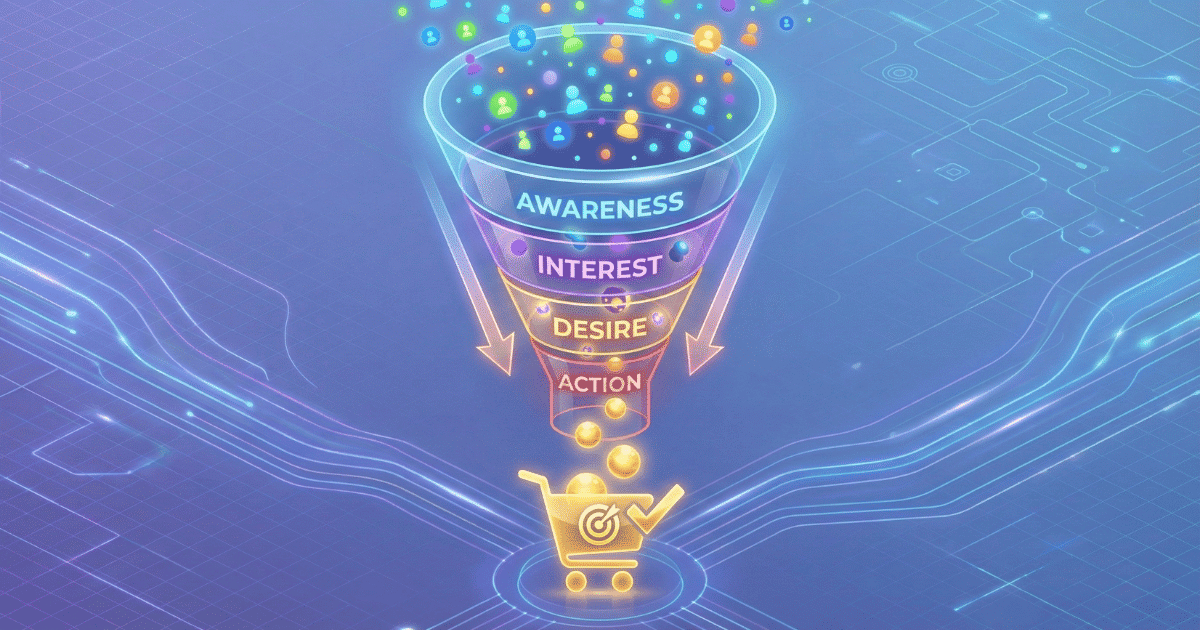 Isometrische 3D-Illustration, die einen Marketing-Funnel visualisiert. Ein großer, transparenter Trichter schwebt in der Mitte. Oben ("Awareness") strömen viele bunte Partikel (potenzielle Kunden) hinein. Der Trichter verengt sich nach unten über die Stufen "Interest" und "Desire". Unten ("Action") kommen nur wenige, aber leuchtende Gold-Kugeln (Käufer/Conversions) heraus, die in einen Warenkorb oder eine Zielscheibe fallen.