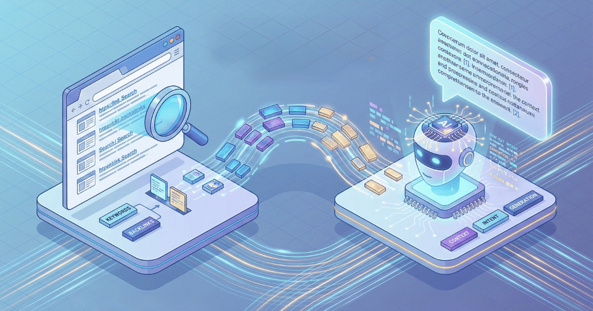 Isometrische 3D-Illustration, die den Unterschied zwischen traditionellem SEO und moderner GEO (Generative Engine Optimization) visualisiert. Auf der linken Seite analysiert ein klassischer "Suchmaschinen-Bot" (Lupe) eine Liste von Links (SEO). Auf der rechten Seite interagiert ein futuristischer "KI-Assistent" (Roboter-Kopf mit Chat-Blase) mit strukturierten Dateninhalten, um eine direkte Antwort zu generieren. Ein Pfeil zeigt die Evolution von der Link-Liste zur generierten Antwort.