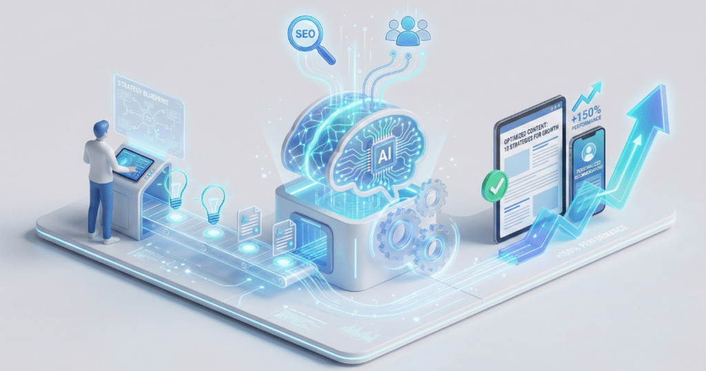 KI Content Marketing Strategie: Wie Unternehmen KI zur Steigerung der Content-Qualität nutzen können 4 Isometrische Illustration Einer Modernen Content-Marketing-Strategie: Ein Mensch Liefert Strategischen Input, Der Von Einer Künstlichen Intelligenz (Ki) Mit Daten Analysiert Und Veredelt Wird, Was Zu Qualitativ Hochwertigen, Personalisierten Inhalten Und Einer Gesteigerten Performance Führt.