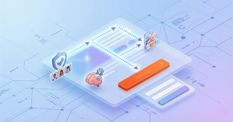 Webdesign & WordPress-Webseiten, die für dich arbeiten. 14 Isometrische Illustration Einer Landingpage, Die Psychologische Prinzipien Wie Visuelle Hierarchie, Social Proof, Farbpsychologie Und Kognitive Entlastung Zur Steigerung Der Conversion-Rate Darstellt.