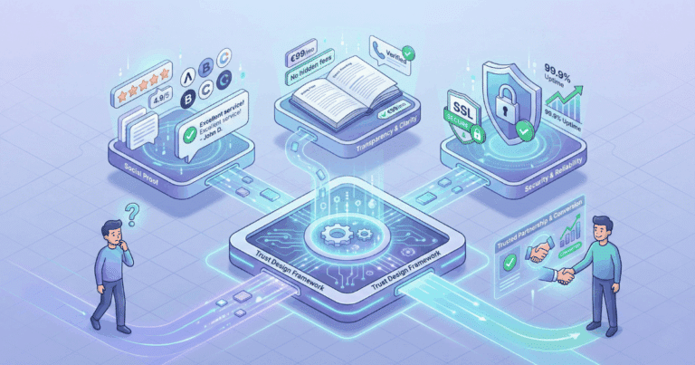 Isometrische 3D-Illustration, Die Das Konzept Des &Quot;Trust Design&Quot; Visualisiert. Ein Skeptischer Nutzer Wird Durch Ein Framework Geleitet, Das Auf Den Säulen &Quot;Social Proof&Quot;, &Quot;Transparenz &Amp; Klarheit&Quot; Sowie &Quot;Sicherheit &Amp; Zuverlässigkeit&Quot; Basiert. Dies Führt Zu Einer Vertrauensvollen Partnerschaft Und Conversion, Symbolisiert Durch Einen Handschlag.