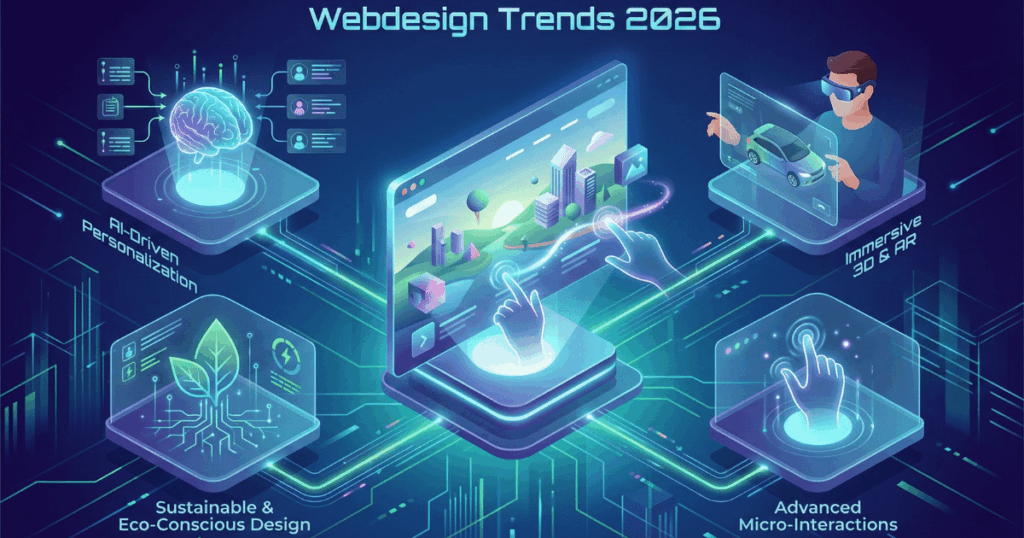 WebDesign-Trends 2026: Welche Gestaltungstrends Sie im Auge behalten sollten 1 Futuristische, Isometrische 3D-Illustration, Die Die Webdesign-Trends Für 2026 Visualisiert. Ein Zentrales, Adaptives Website-Interface Wird Von Vier Modulen Umgeben: Ki-Gesteuerte Personalisierung, Immersive 3D- &Amp; Ar-Erlebnisse, Nachhaltiges &Amp; Umweltbewusstes Design Sowie Fortschrittliche Mikro-Interaktionen.
