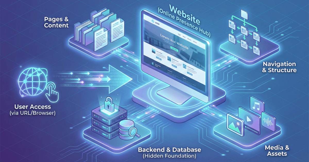 Isometrische 3D-Illustration, die eine Website als zentralen Online-Hub visualisiert. Ein Monitor zeigt die Website, die von Modulen für "Seiten & Inhalt", "Navigation & Struktur", "Medien & Assets" sowie "Backend & Datenbank" gespeist wird. Ein Nutzer greift über eine globale Netzwerkverbindung und einen Browser darauf zu.
