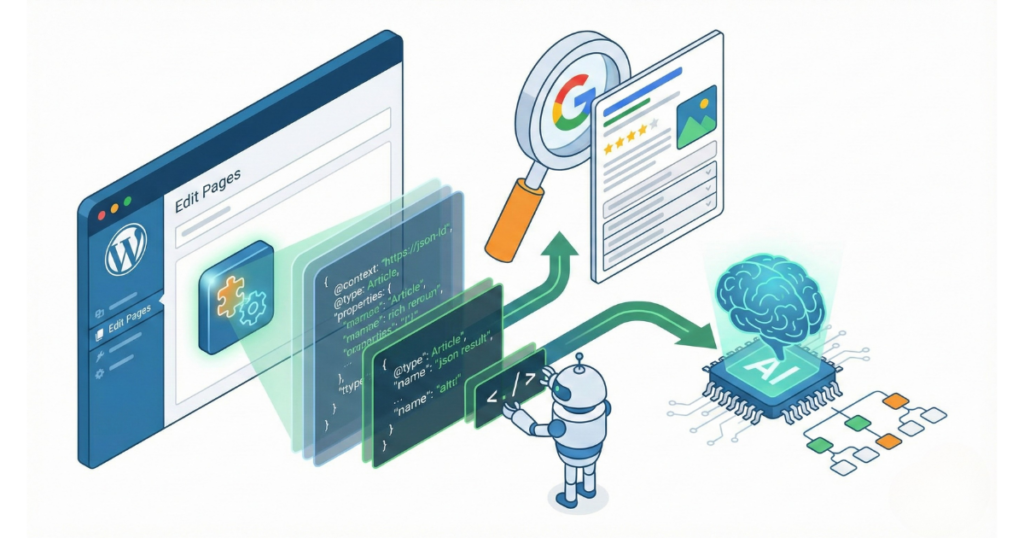Optimieren Deiner Wordpress-Website für KI: Eine Anleitung zur Implementierung von Schema-Markup 2 Isometrische Illustration, Die Zeigt, Wie Schema-Markup Über Ein Wordpress-Plugin Implementiert Wird. Der Strukturierte Code Wird Sowohl Von Suchmaschinen Für Rich Snippets Als Auch Von Ki-Systemen Für Ein Besseres Inhaltsverständnis Genutzt.