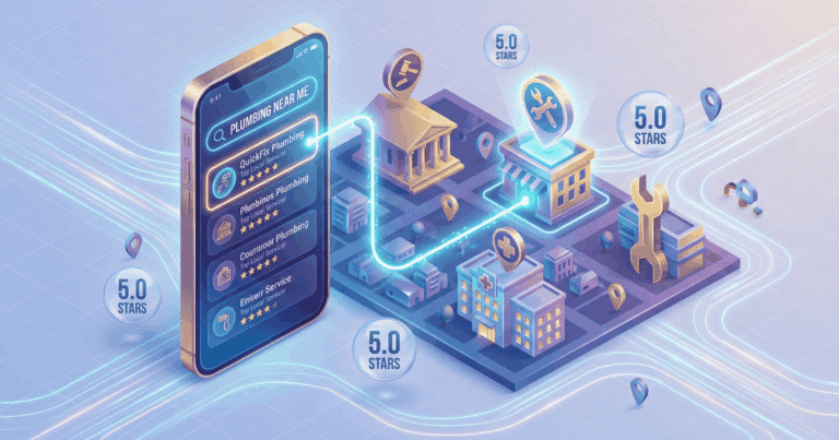 Isometrische 3D-Illustration, Die Local Seo Für Dienstleister Visualisiert. Eine 3D-Karte Einer Stadt Oder Region Bildet Die Basis. Darauf Stehen Pins, Die Verschiedene Dienstleister Markieren (Z.b. Schraubenschlüssel Für Handwerker, Paragraf Für Anwälte, Schere Für Friseure). Ein Smartphone Im Vordergrund Zeigt Eine Suchanfrage &Quot;In Meiner Nähe&Quot; Und Hebt Einen Dieser Dienstleister Als Top-Ergebnis Hervor, Verbunden Durch Eine Leuchtende Linie.