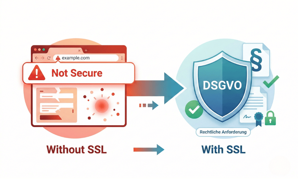 SSL-Zertifikat kostenlos – Pflicht, Anbieter & Anleitung 2 Browser-Warnung Nicht Sicher Bei Fehlender Ssl-Verschlüsselung Neben Einem Dsgvo-Paragraphen-Symbol