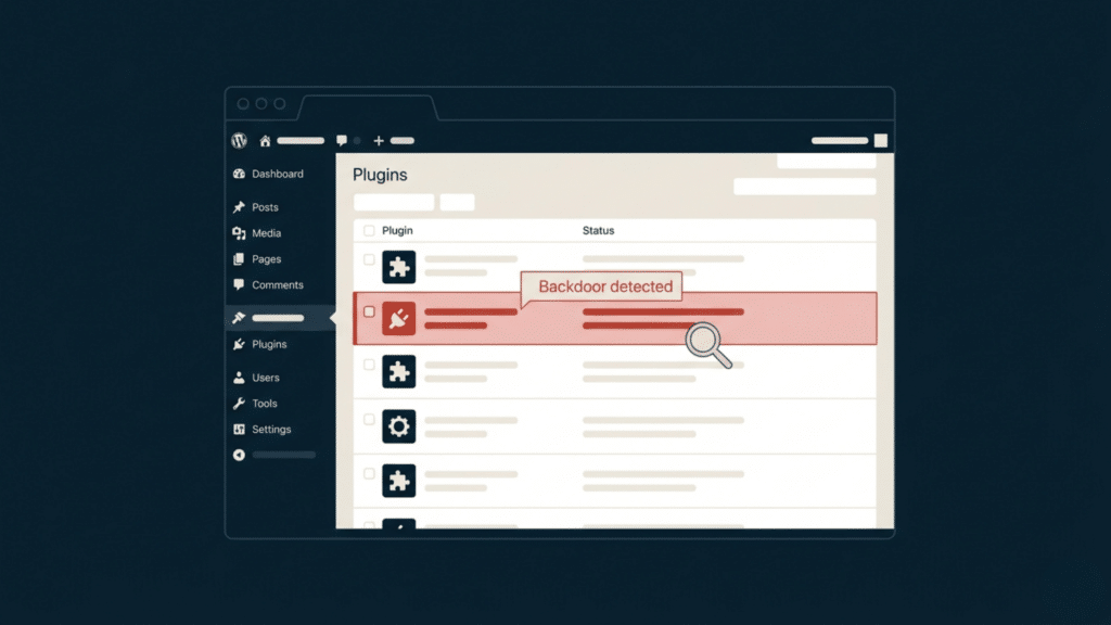 WordPress Supply Chain Angriff 2026: Bist du und deine Website betroffen? 2 Stilisiertes Wordpress-Backend: Eine Plugin-Zeile Ist Rot Markiert Als Hinweis Auf Eine Erkannte Backdoor Im April-2026-Vorfall