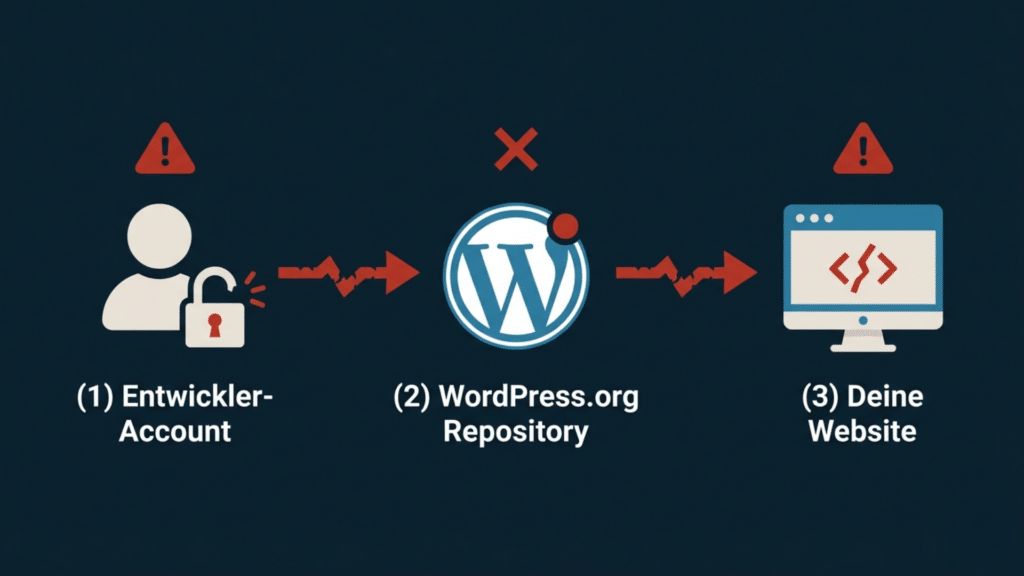 WordPress Supply Chain Angriff 2026: Bist du und deine Website betroffen? 1 Diagramm Der Wordpress Supply Chain: Kompromittierter Entwickler-Account → Wordpress.org Repository → Infizierte Website-Installation