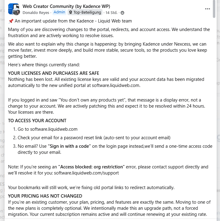 Kadence-Übernahme durch Liquid Web: Wenn aktive Abos plötzlich downgegraded werden 1 Facebook-Post Des Liquid-Web-Teams In Der Web Creator Community Vom 12.05.2026 Zur Kadence-Konsolidierung Und Anmeldung Im Neuen Portal Software.liquidweb.com