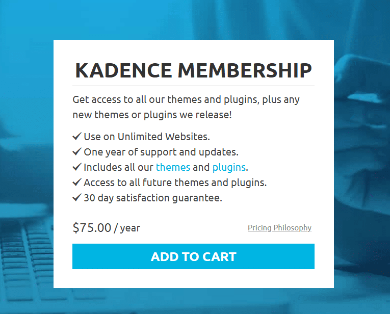 Kadence-Übernahme durch Liquid Web: Wenn aktive Abos plötzlich downgegraded werden 2 Original-Produktseite Der Kadence Membership 2018 Mit Dem Versprechen „Access To All Future Themes And Plugins&Quot; Für 75 Dollar Pro Jahr