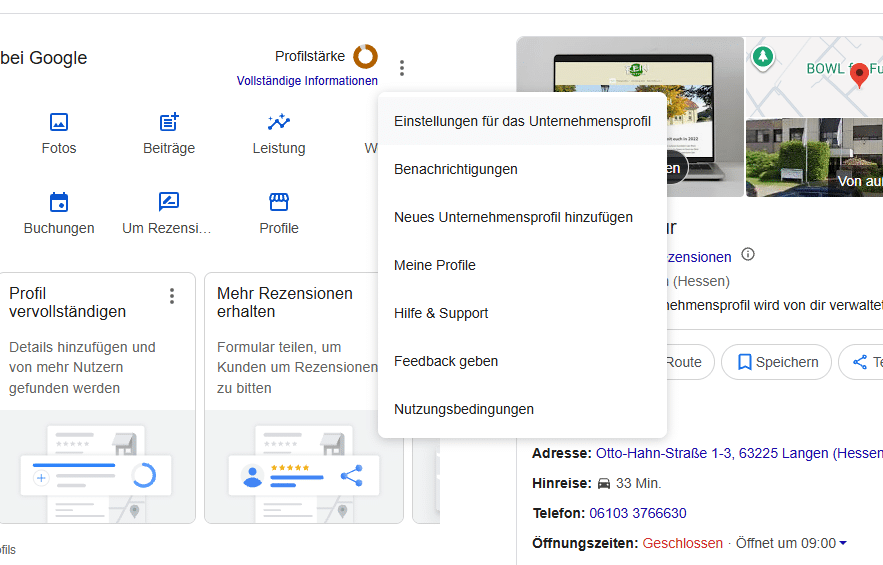 Anleitungen 6 Google-Suchergebnis des eigenen Unternehmens mit geöffnetem Dreipunkt-Menü, Eintrag „Einstellungen für das Unternehmensprofil“ hervorgehoben