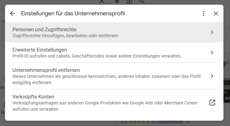 Anleitungen 7 Dialog „Einstellungen für das Unternehmensprofil“ mit dem Eintrag „Personen und Zugriffsrechte“
