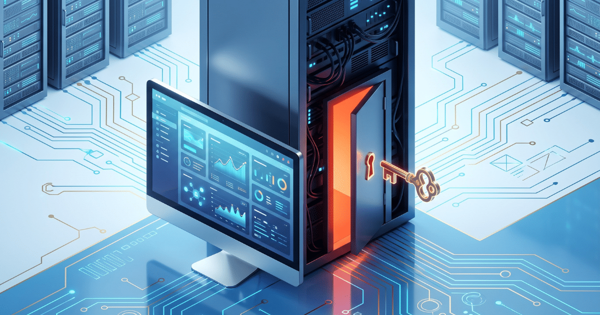 Illustration zum Glossarbegriff Backdoor: versteckte, halb geöffnete Tür in einem Server hinter einer normal aussehenden Website