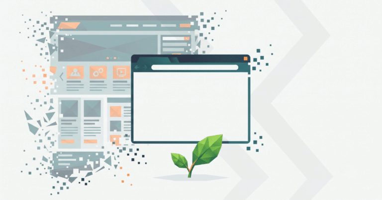 Webdesign & WordPress-Webseiten, die für dich arbeiten. 14 Nachhaltiges Webdesign – Schlanke Website Schwebt Über Einem Grünen Blatt, Im Hintergrund Löst Sich Eine Überladene Website Auf