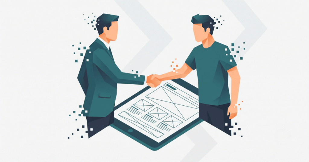 Website erstellen lassen: Kosten, Ablauf & worauf du achten musst (2026) 5 Website Erstellen Lassen – Handschlag Zwischen Auftraggeber Und Webdesigner Über Einem Website-Wireframe
