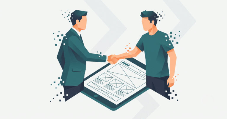 Webdesign & WordPress-Webseiten, die für dich arbeiten. 15 Website Erstellen Lassen – Handschlag Zwischen Auftraggeber Und Webdesigner Über Einem Website-Wireframe