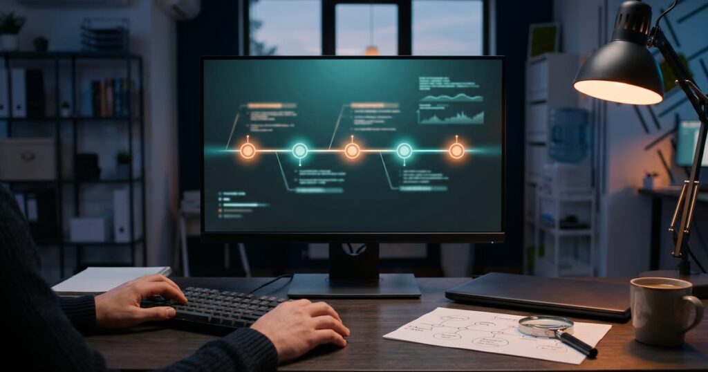 Forensische Analyse nach einem WooCommerce-Hack 2 Arbeitsplatz mit Monitor, auf dem ein Zeitstrahl hervorgehobene Ereignisse zeigt, daneben Lupe und Notizen.