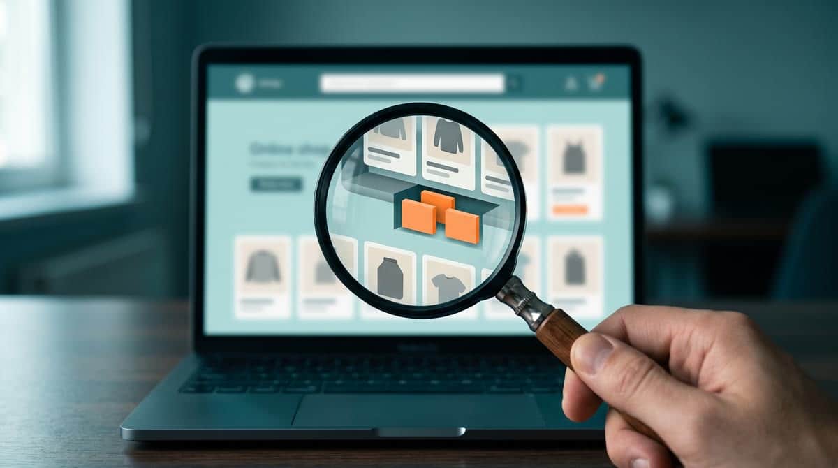 Forensische Analyse nach einem WooCommerce-Hack 1 Lupe über einem Laptop mit Onlineshop, unter der Lupe werden versteckte Elemente sichtbar.