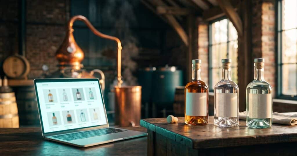 Onlineshop einer Brennerei: Umzug ohne Ausfall, Cache repariert 1 Brennerei mit kupferner Destille, drei Flaschen auf einem Holztisch und ein Laptop mit geöffnetem Onlineshop